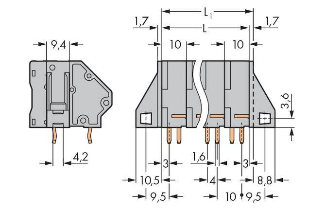 Rysunek techniczny elementu elektronicznego z wymiarami w milimetrach. Przedstawia widok z góry i z boku wraz z rozmieszczeniem pinów.