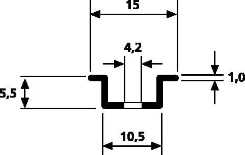 Rysunek techniczny profilu U-kształtnego. Wymiary: szerokość 15 mm, głębokość wewnętrzna 5,5 mm, szerokość wewnętrzna 10,5 mm, szerokość kołnierza 1 mm.