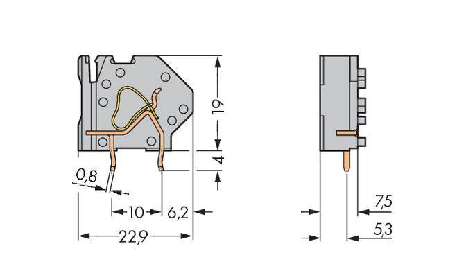 Rysunek techniczny elementu z wymiarami: szerokość 22,9 mm, wysokość 19 mm, głębokość 6,2 mm. Widok z boku przedstawia wysokość 75 mm, szerokość 53 mm.