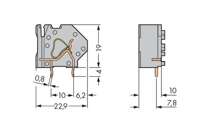 Rysunek techniczny elementu elektrycznego z wymiarami: szerokość 22,9 mm, wysokość 19 mm, głębokość 7,8 mm. Widoczna szczegółowa struktura wewnętrzna.