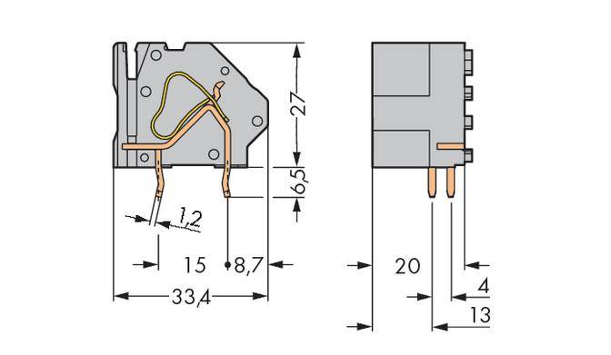 Rysunek techniczny elementu elektronicznego z wymiarami: szerokość 33,4 mm, wysokość 27 mm, głębokość 20 mm. Przedstawiono złącza oraz schemat połączeń.