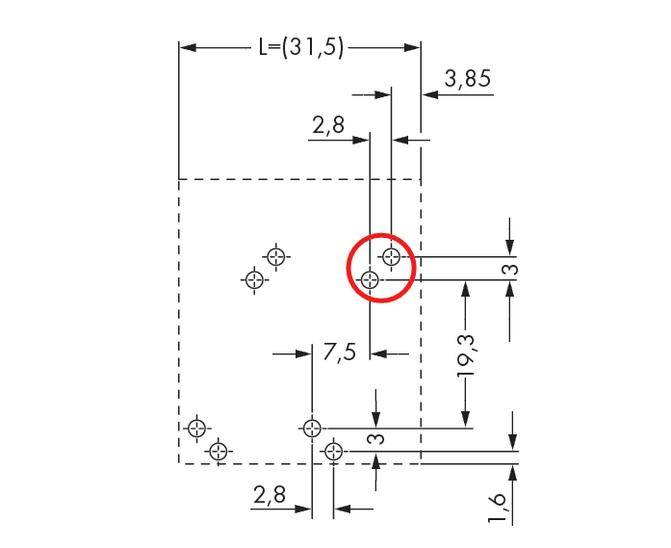 Rysunek techniczny płyty z otworami. Wymiary: 31,5x19,3 cm, odległości i pozycja otworów szczegółowo określone. Jeden otwór oznaczony na czerwono.