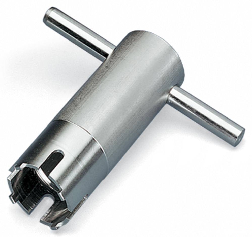 Metalowe narzędzie z cylindryczną obudową, pustym czubkiem i dwoma uchwytami bocznymi, używane do otwierania i zamykania zamknięć śrubowych.