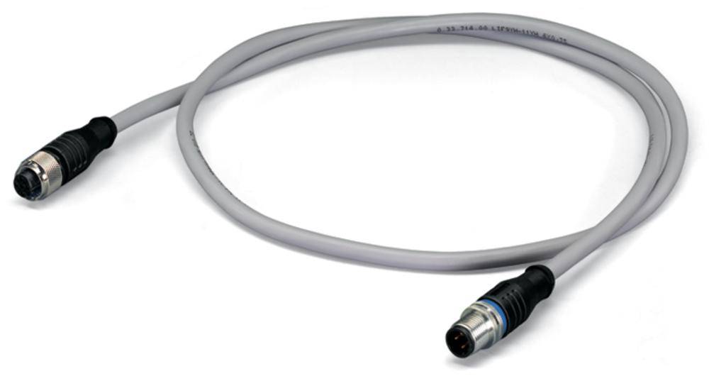 Szary kabel z dwoma czarnymi wtyczkami na końcach leży na białym tle.