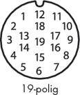 „19-biegunowy" przedstawia kołowe rozmieszczenie ponumerowanych gniazd wtykowych dla elektronicznego złącza.