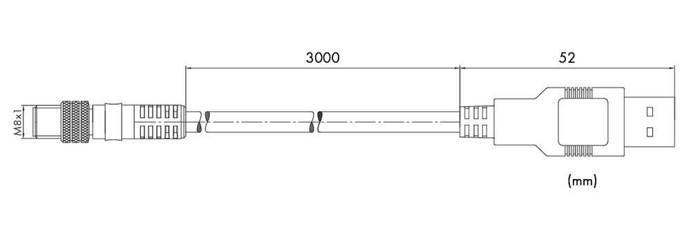 Rysunek techniczny przewodu: Po lewej stronie okrągła wtyczka M8x1, po prawej stronie prostokątna wtyczka USB. Długość przewodu: 3000 mm.