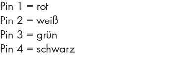 'Pin 1 = czerwony, Pin 2 = biały, Pin 3 = zielony, Pin 4 = czarny.' Lista kodowania kolorów dla czterech pinów.