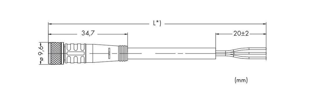 Rysunek techniczny złącza z wymiarami: całkowita długość L*, część przednia 34,7 mm, część tylna 20±2 mm, średnica 9,6 mm.