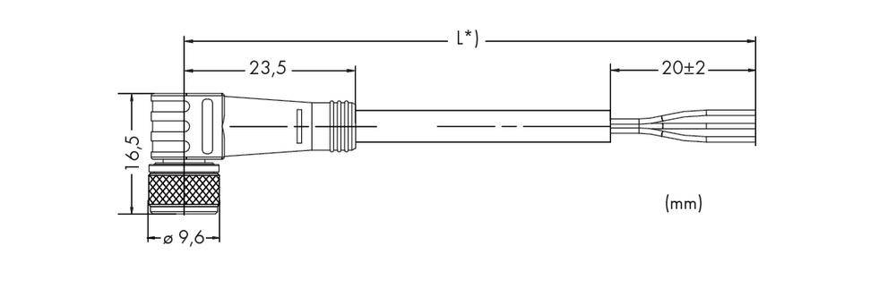 Rysunek techniczny wtyczki z wymiarami: długość 23,5 mm, szerokość 16,5 mm. Całkowita długość L, końcówka przewodu 20±2 mm. Wymiary w milimetrach.