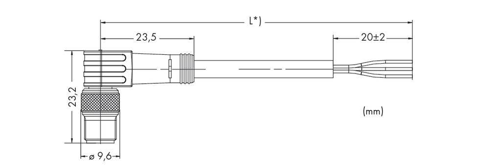 Rysunek techniczny złącza z wymiarami 23,2 x 9,6 mm. Całkowita długość (L*), kabel z dwoma końcami. Jednostka miary: milimetry (mm).