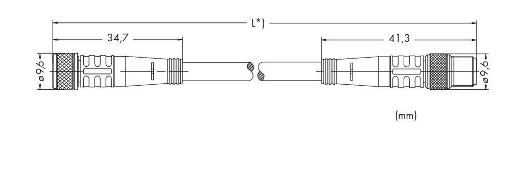 Rysunek techniczny typowego kabla z wtyczkami po obu stronach. Długość całkowita 'L*', wymiary szczegółowe: 34,7 mm i 41,3 mm.
