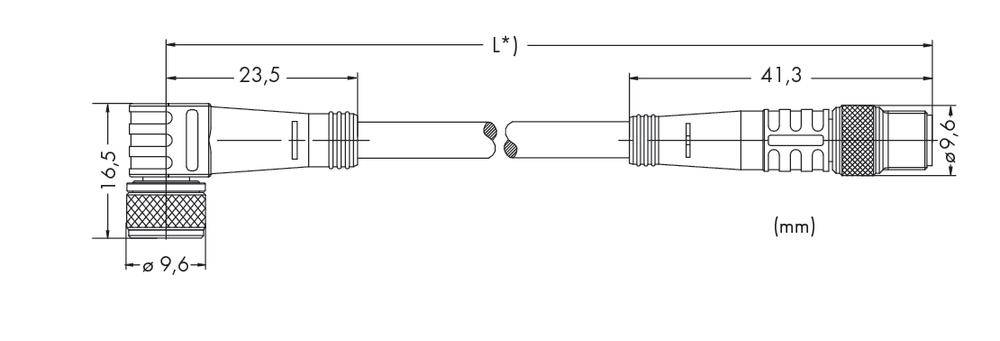 Rysunek techniczny przewodu z wymiarami: długość 41,3 mm + 23,5 mm, średnica 9,6 mm i 16,5 mm. Oznaczenia na końcach.