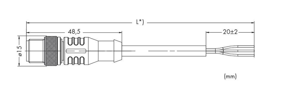Diagram cylindrycznego wtyczki elektrycznej o wymiarach: średnica 5 mm, długość 48,5 mm oraz długość przewodu 20 ± 2 mm.