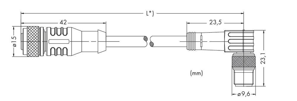 Diagram przedstawia rysunek techniczny wtyczki z wymiarami: długość 42 mm, średnica 15 mm, dodatkowe szczegóły 23,5 mm.
