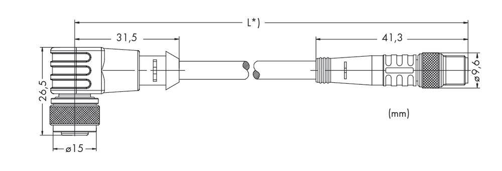 Rysunek techniczny wtyczki z wymiarami: całkowita długość (L*), średnica 15 mm, elementy o długości 31,5 mm i 41,3 mm.