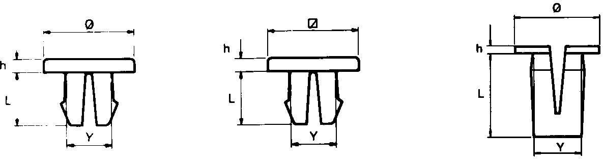 Trzy rysunki techniczne elementów mocujących z wymiarami: L (długość), Ø (średnica) i h (wysokość) dla różnych typów.
