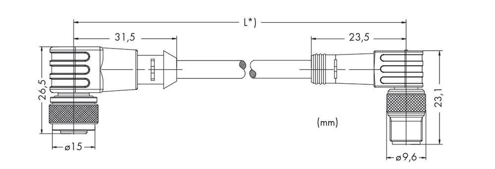 Rysunek techniczny złącza kablowego z wymiarami w milimetrach: długość 31,5 i 23,5; średnica 15 i 9,6.