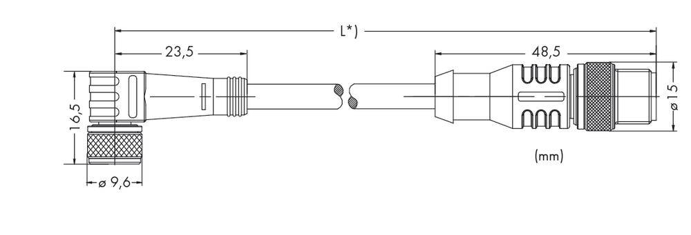 Rysunek techniczny złącza: Całkowita długość L, wymiary podane w mm. Główne elementy i wymiary wyraźnie oznaczone.