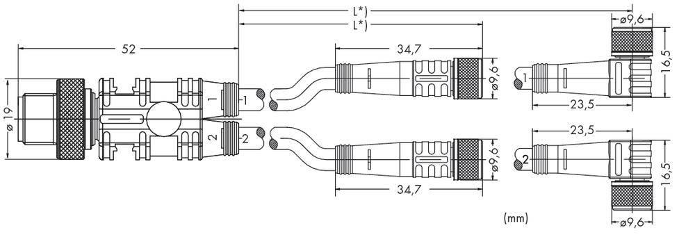 Rysunek techniczny kabla z wymiarami w milimetrach. Przedstawia długości segmentów i średnicę. Liczby wskazują konkretne rozmiary.