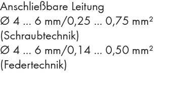 Przewód przyłączeniowy: Ø 4 ... 6 mm/0,25 ... 0,75 mm² (technika śrubowa), Ø 4 ... 6 mm/0,14 ... 0,50 mm² (technika sprężynowa).