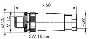 Rysunek techniczny złącza ze wskazanymi wymiarami: długość ok. 60 mm, średnica 20 mm, rozstaw klucza 18 mm, gwint PG9.