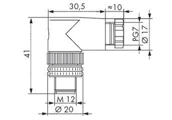 Rysunek techniczny kąta mocującego z wymiarami: Wysokość 41 mm, Długość 30,5 mm. Średnica połączenia 20 mm, Rozmiar gwintu M12, PG7.