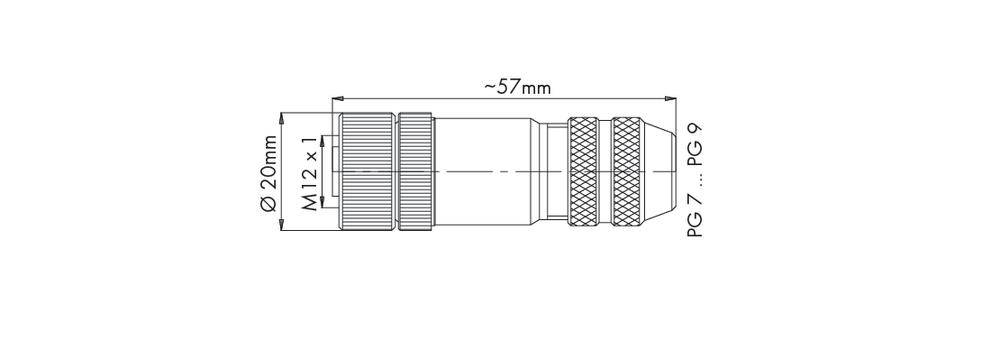 Rysunek złącza z gwintem M12x1, o długości około 57 mm, średnicy zewnętrznej 20 mm, z adapterami PG-7 i PG-9.