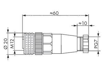 Rysunek techniczny złącza. Wymiary: długość ok. 60 mm, średnica ok. 20 mm (M12) do ok. 10 mm (PG7).