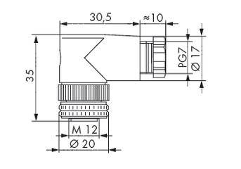 Rysunek techniczny złącza z wymiarami: wysokość 35 mm, szerokość 30,5 mm. Szczegóły: M 12, Ø 20 mm, ~10 mm, PG 7, Ø 17 mm.
