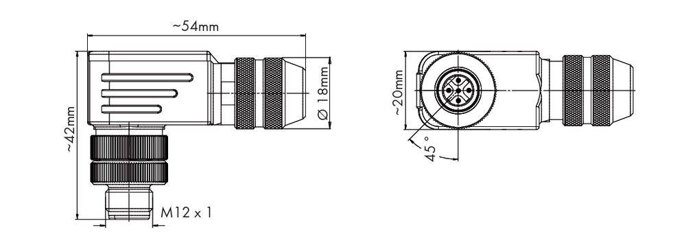 Rysunek techniczny wtyczki z wymiarami: długość 54 mm, wysokość 42 mm, średnica 18 mm. Zaznaczony kąt 45 stopni.