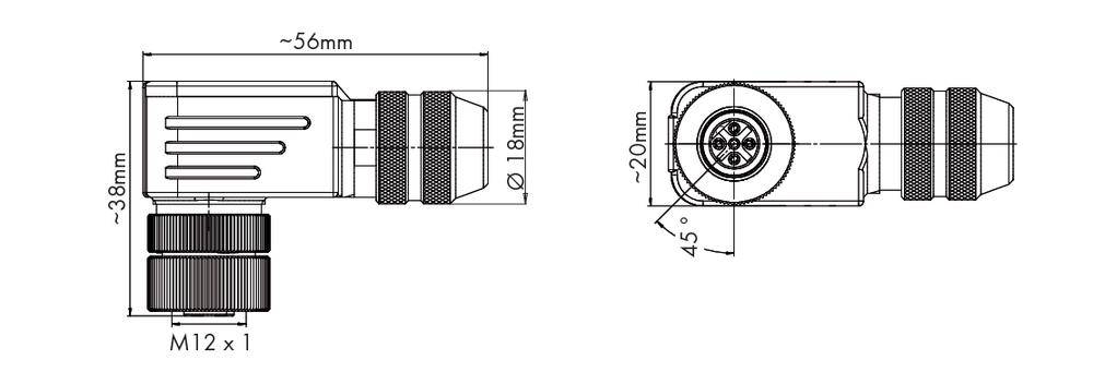 Rysunek techniczny wrażliwego złącza elektrycznego, widok z boku i z góry z wymiarami: 58 mm długości, 18 mm szerokości, gwint M12.
