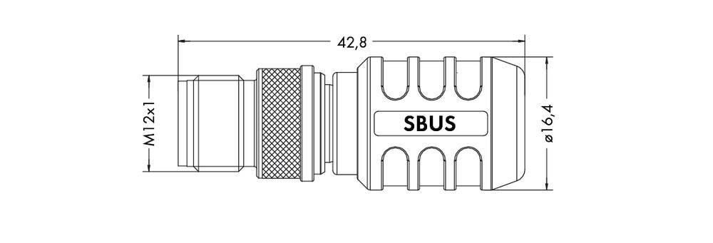 Diagram wtyczki przedstawia wtyczkę SBUS o wymiarach: długość 42,8 mm, średnica 16,4 mm, gwint M12x1.