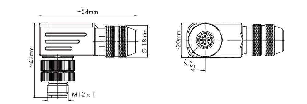 Rysunek techniczny złącza z wymiarami: długość 54 mm, szerokość 42 mm, średnica 18 mm. Widoki z góry i z boku.