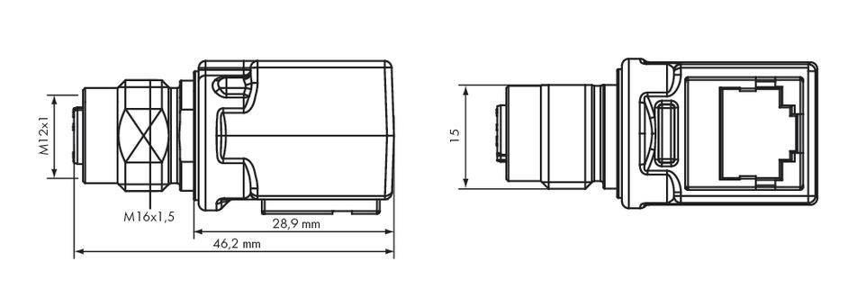 Rysunek techniczny złącza z wymiarami: 46,2 mm długości, 28,9 mm szerokości i 15 mm wysokości. Złącza: M12x1, M16x1,5.