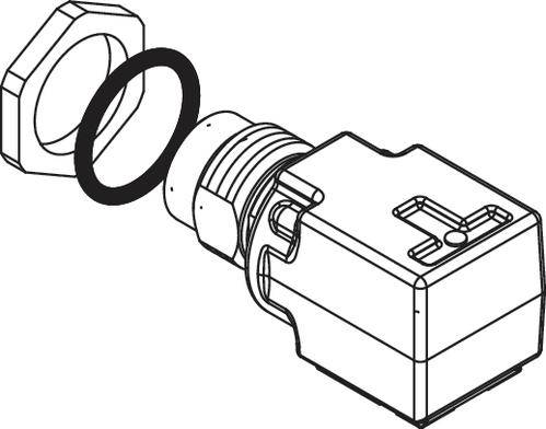 Rysunek czarno-biały złącza z nakrętką i uszczelką. Ilustracja przedstawia szczegółowo różne komponenty.