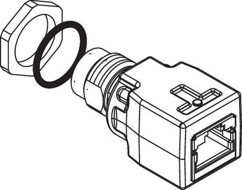 Ilustracja obudowy złącza RJ45 z nakrętką i uszczelką, przedstawiona przed montażem.