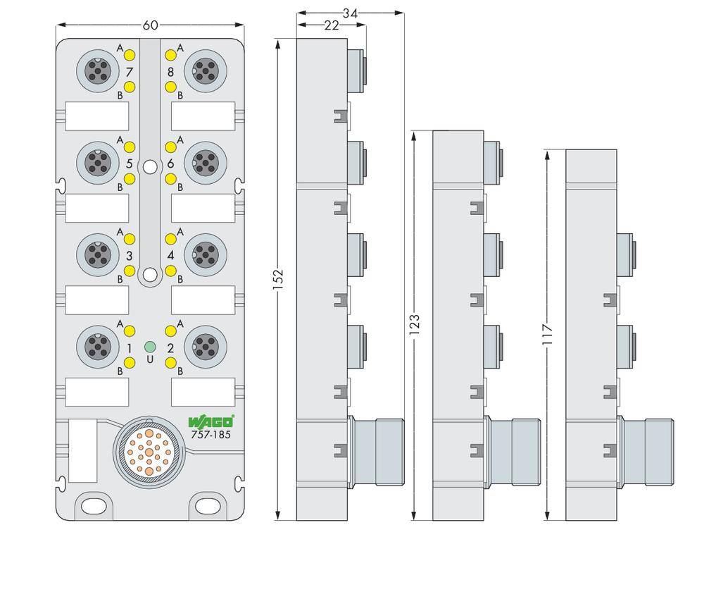 'WAGO 757-185' komponenta elektroniczna z wymiarami. Oznaczenia zacisków i wskaźników LED. Serie połączeń widoczne z boku.