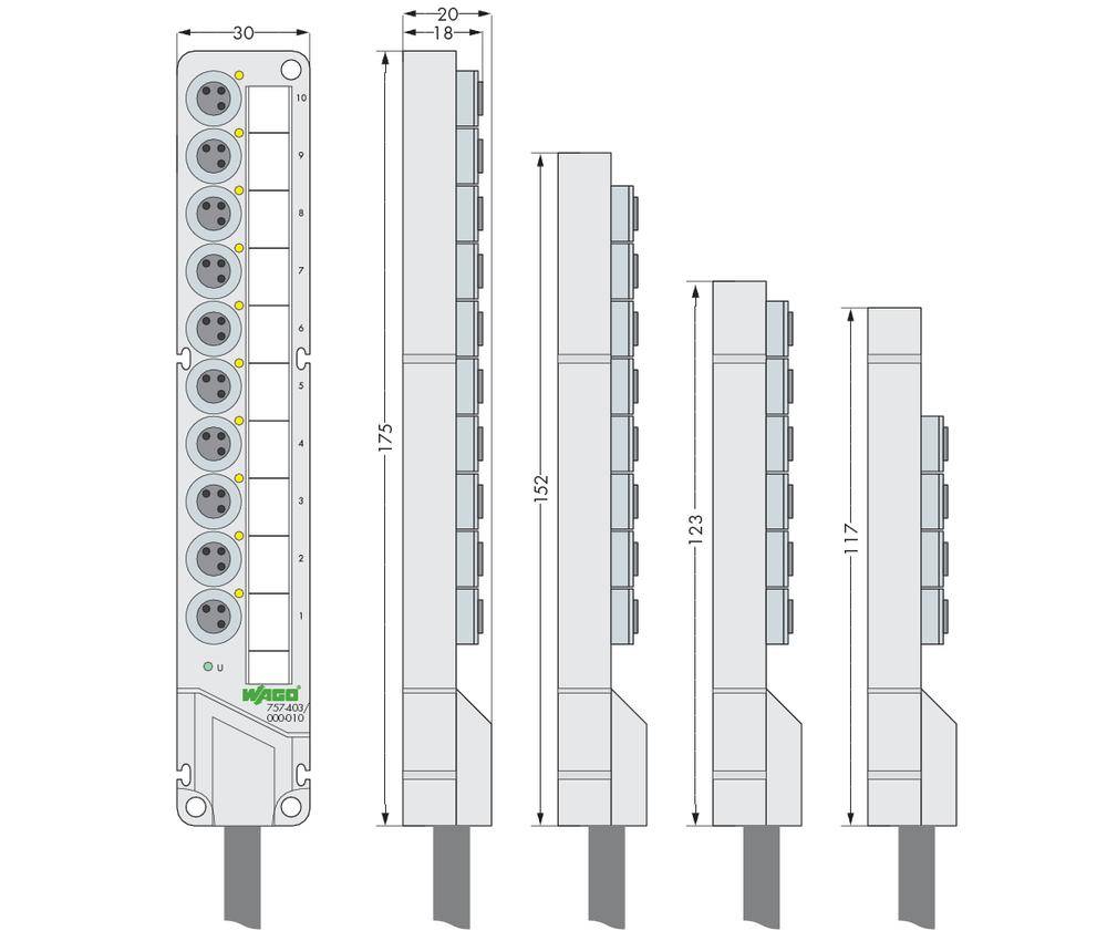 'Grafika wielogniazdka z wymiarami. Szerokość 30 mm, wysokość 175 mm. Widok z boku przedstawia malejące wysokości od 175 mm do 117 mm co 20 mm.'