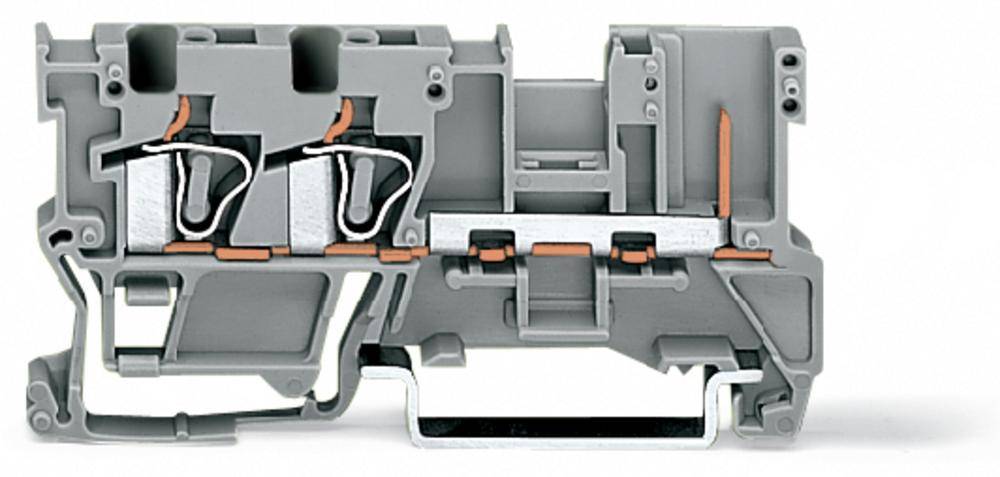 Szare elektryczne pudełko zaciskowe z wieloma zaciskami i wewnętrznymi elementami metalowymi, odpowiednie do połączeń elektrycznych.