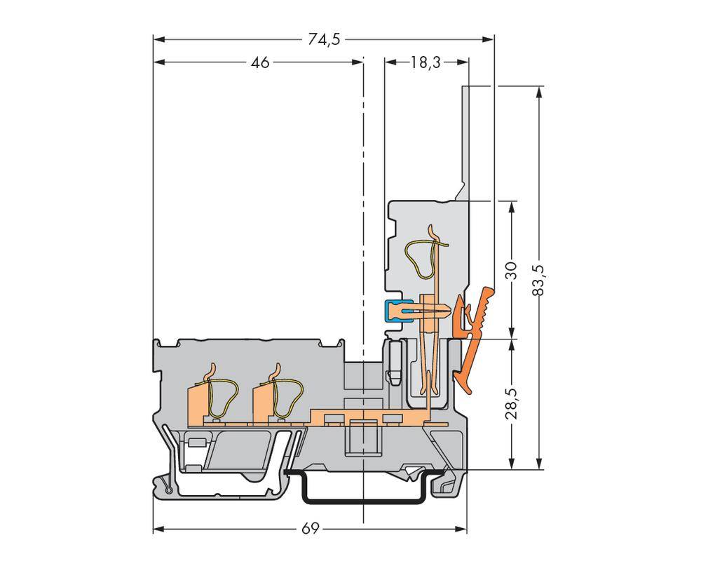 Przekrój techniczny rysunku profilu okiennego z oznaczeniami wymiarów w milimetrach. Przedstawia uszczelnienia i izolację.