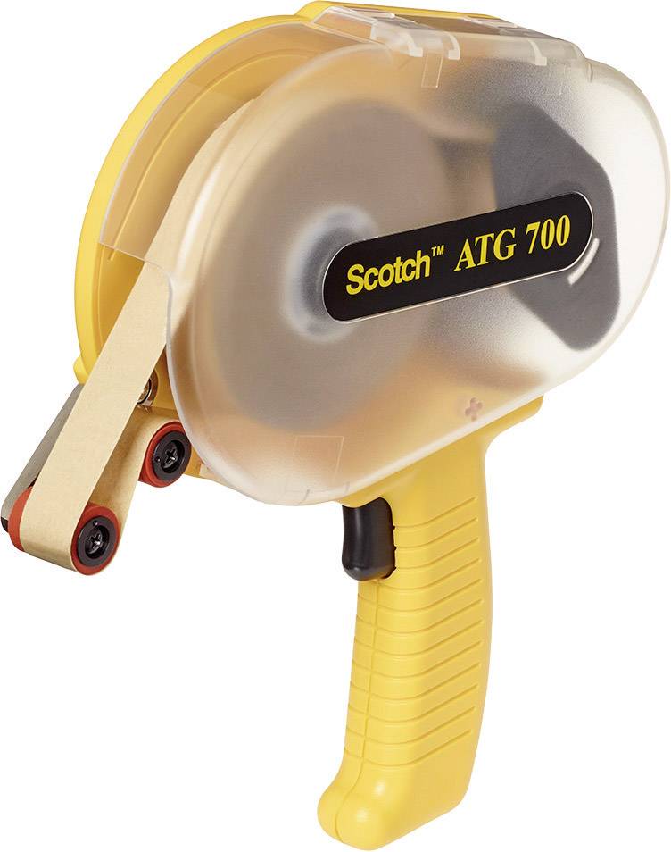 Żółty ręczny dozownik do taśmy dwustronnej, model 'Scotch ATG 700', z widoczną taśmą i ergonomicznym uchwytem.