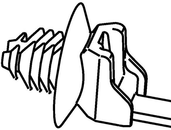 Czarna ilustracja śruby o nieregularnym gwincie i płaskiej główce, z zamontowaną na niej obejmą mocującą.