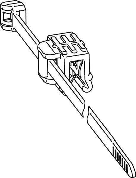 Schemat przedstawia zacisk kablowy na przewodzie. Zacisk obejmuje przewód i ma prostokątny kształt z rowkami.