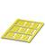 Żółta plastikowa rama z wieloma prostokątnymi wycięciami, odpowiednia do montażu modułów lub płytek drukowanych w systemach elektrycznych.