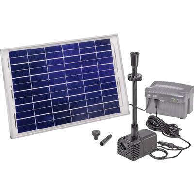 Moduł solarny z pompą i baterią, odpowiedni do małych oczek wodnych lub fontann ogrodowych. Moduł przekształca światło słoneczne w energię.