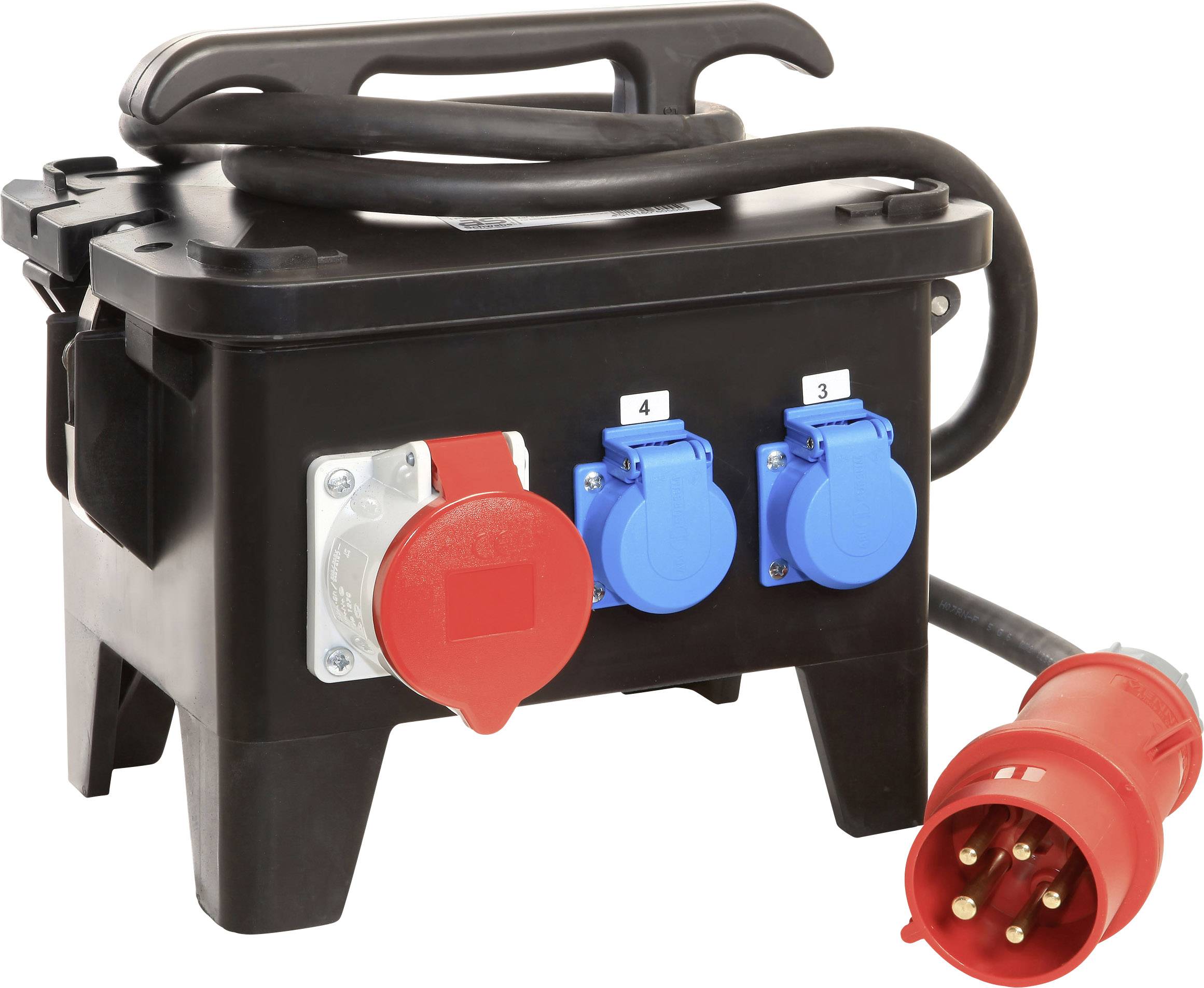 Czarny rozdzielacz elektryczny z wieloma niebieskimi i czerwonymi złączami. Czerwony przewód jest podłączony do skrzynki.