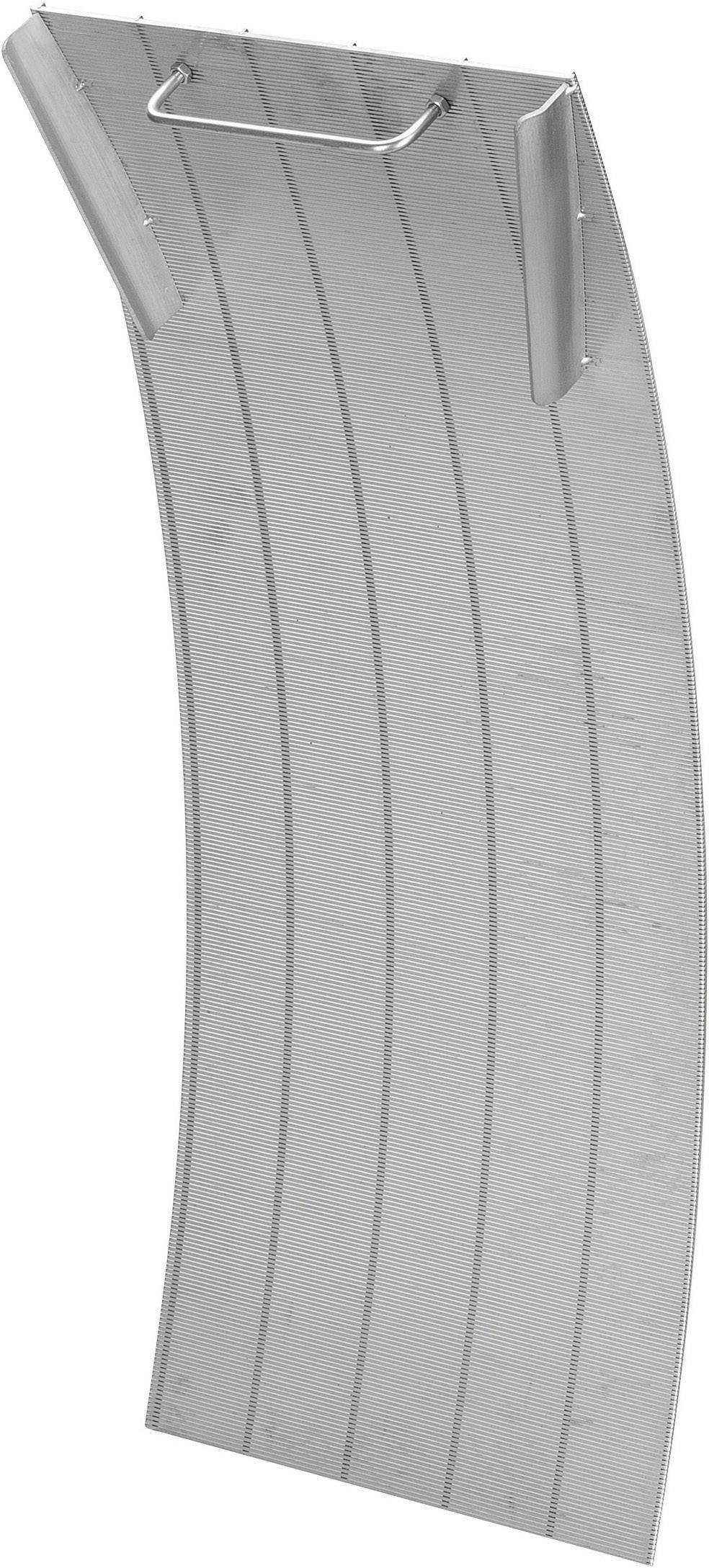 Srebrna metalowa rampa o lekko zakrzywionej formie z uchwytami po obu stronach. Może być używana do celów związanych z mobilnością.