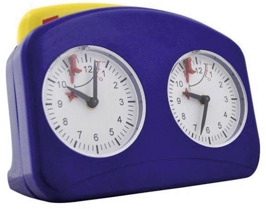Niebieska szachowa figura zegarowa z dwoma analogowymi tarczami zegarowymi i czerwonymi wskazówkami, które wskazują różne godziny.