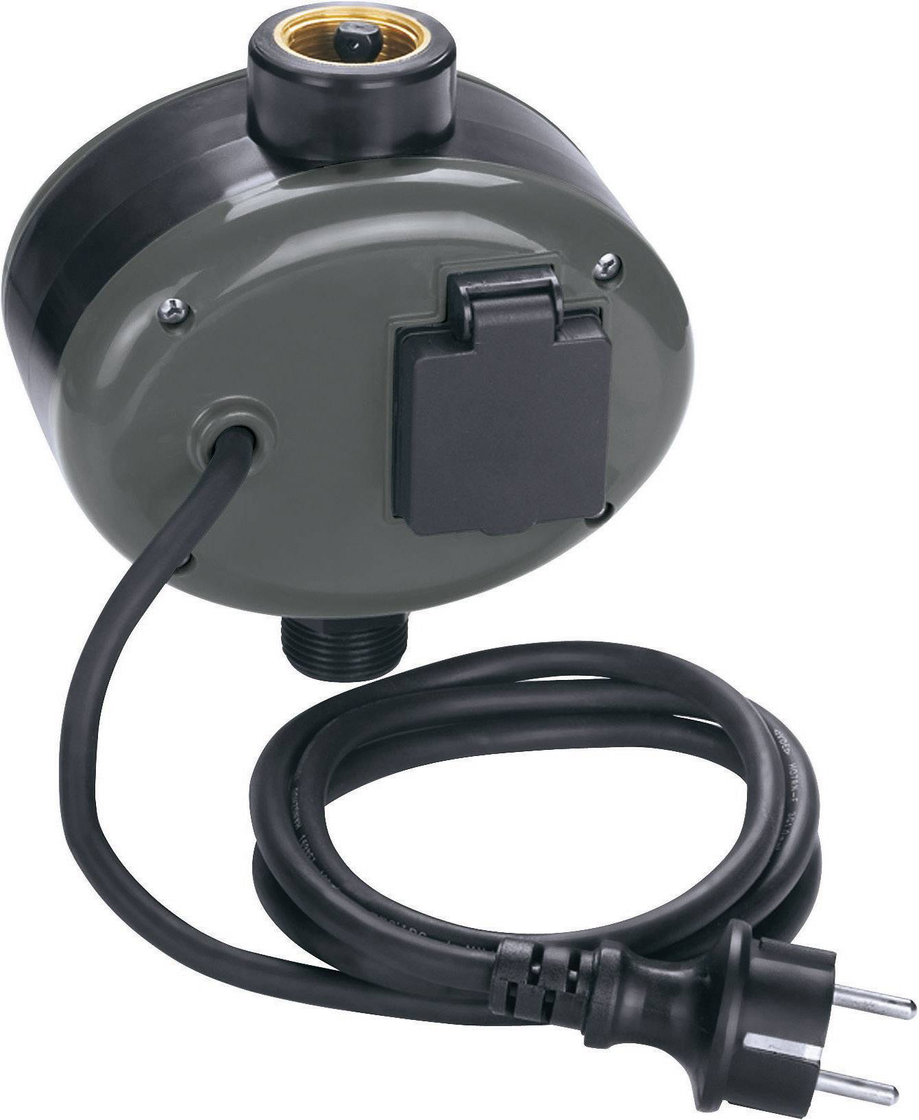 Szara wtyczka z czarnym przewodem i wtyczką europejską. Na górze gniazdo wtykowe z osłoną.