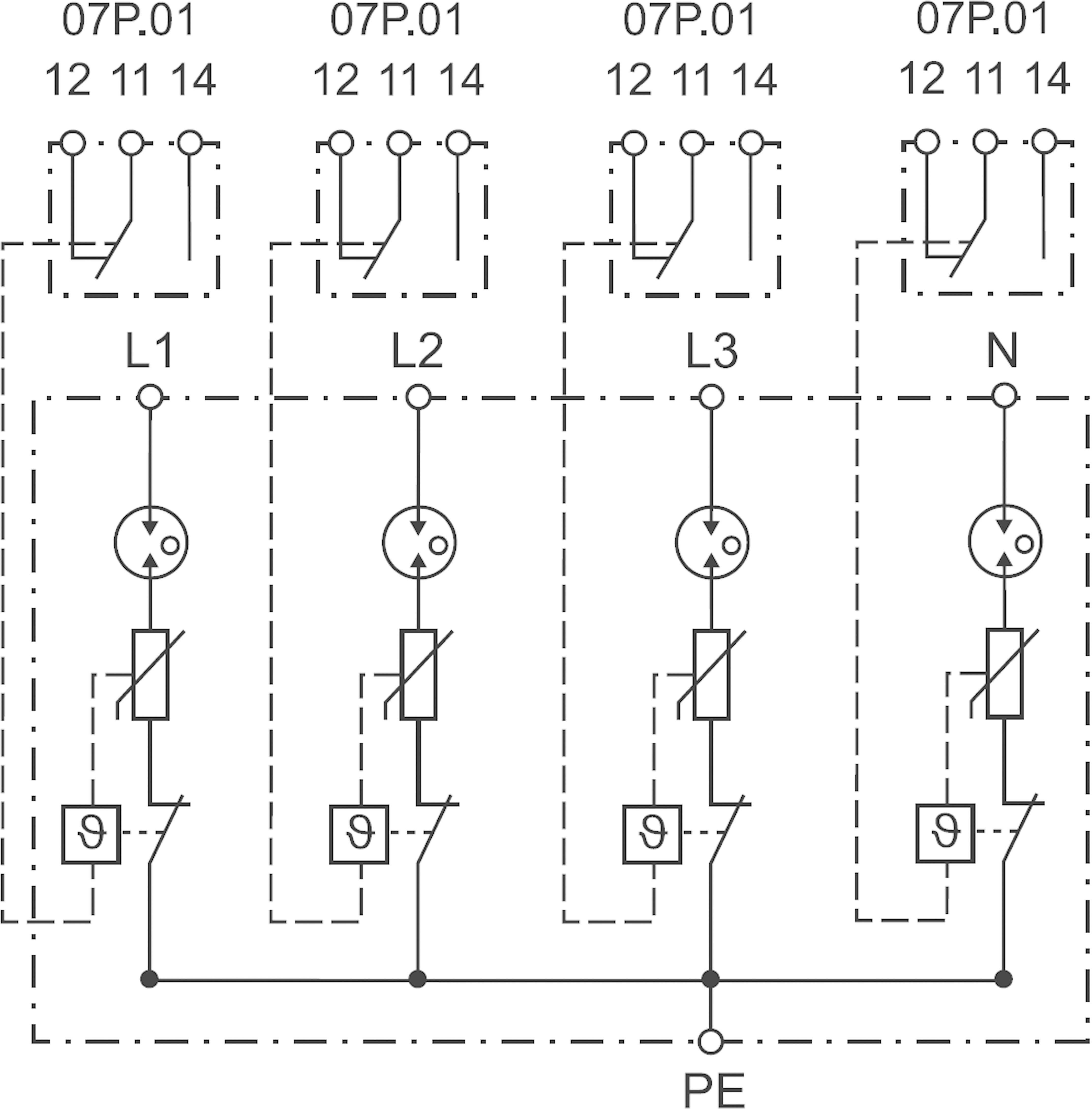 Schemat elektryczny systemu trójfazowego z bezpiecznikami, wyłącznikami i przekaźnikami. Oznaczenia: L1, L2, L3, N oraz PE u dołu schematu.